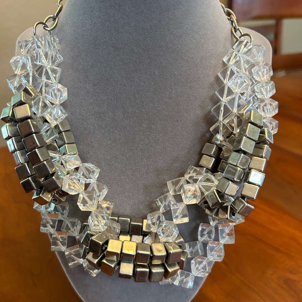 Clear Acrylic and Silver Metalic Cyber Futuristic  Block necklace